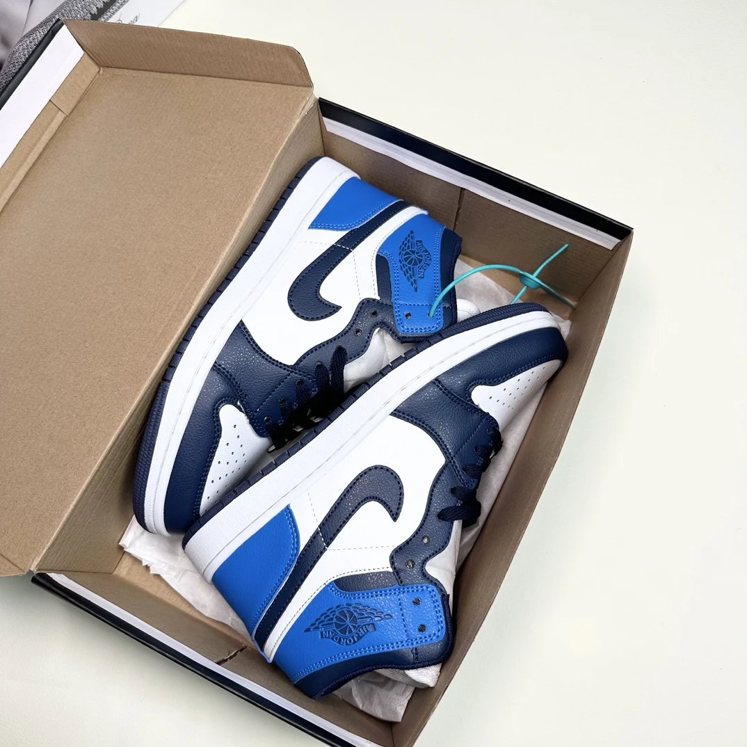 Air Jordan AJ1 Mid White Blue Navy Leather Sneakers