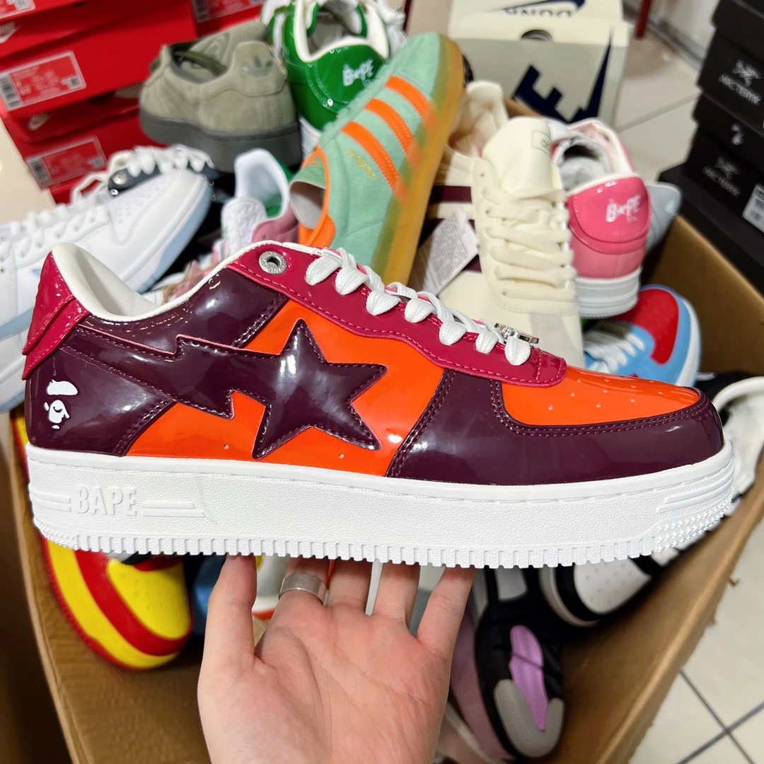 Bape Bapesta Orange Burgundy Patent Star Sneakers
