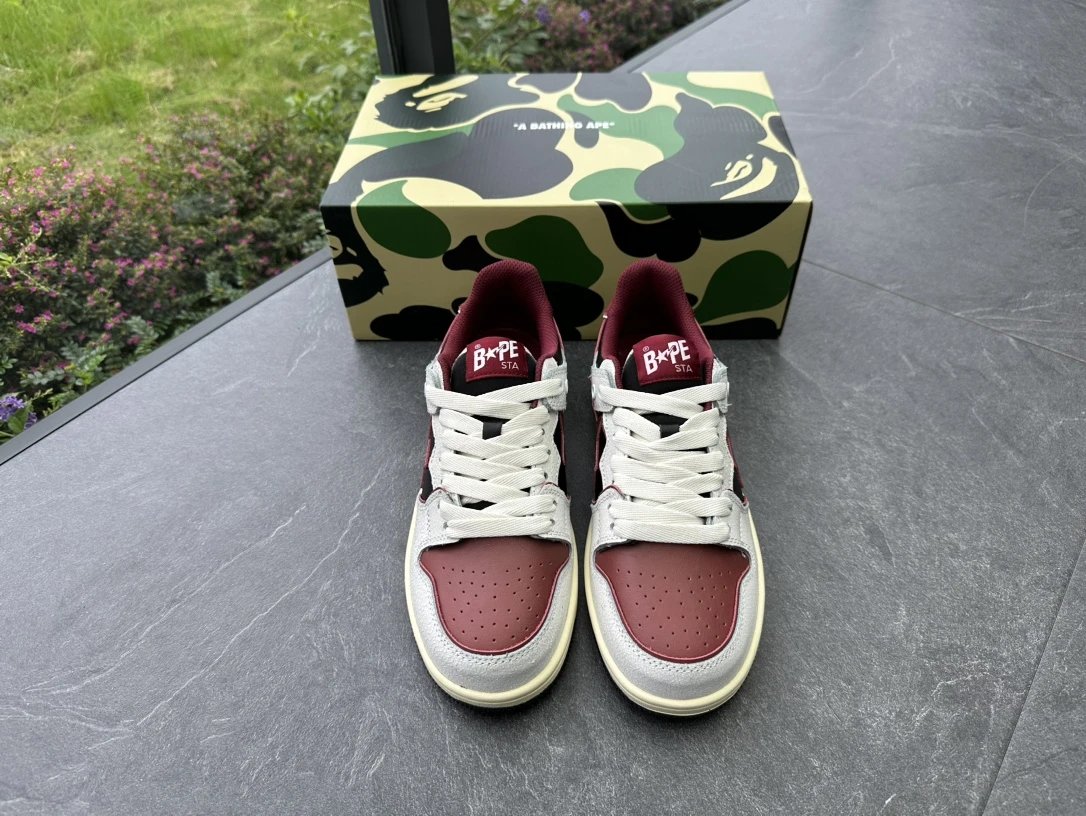 BAPE Bape Sta Burgundy Grey Low Top Sneakers