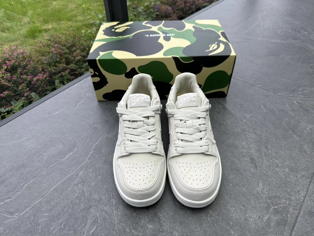 Bape STA Beige Grey Perforated Leather Low-Top Sneakers