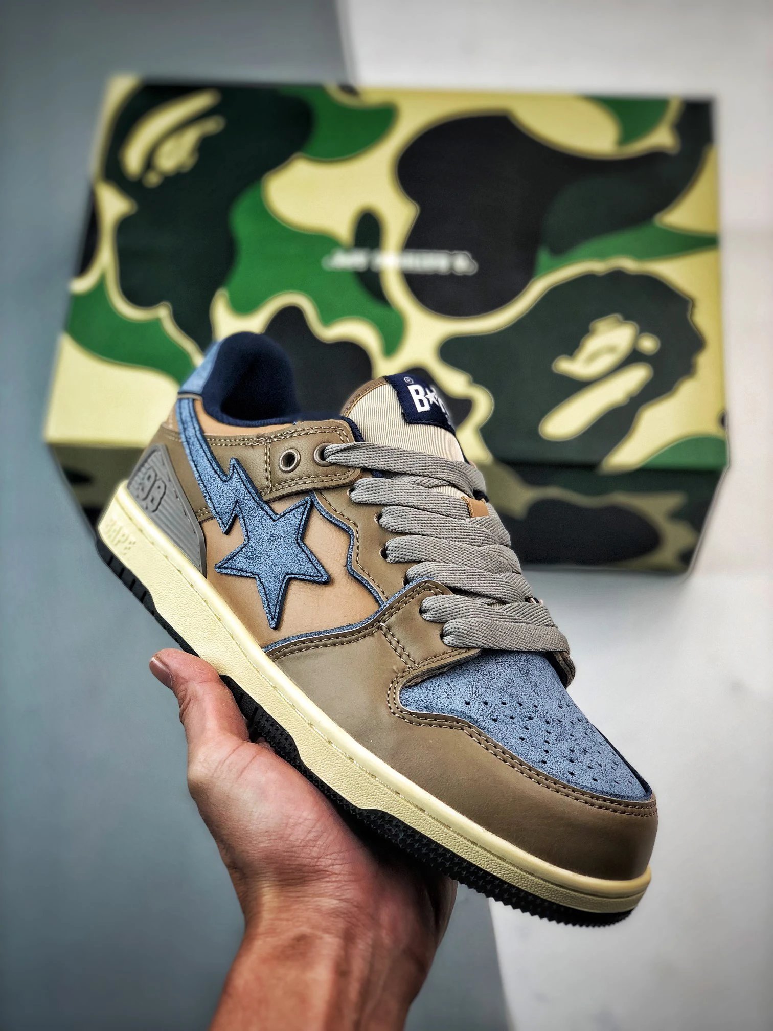 Bape Sta Khaki Brown Blue Camo Low Top Sneakers