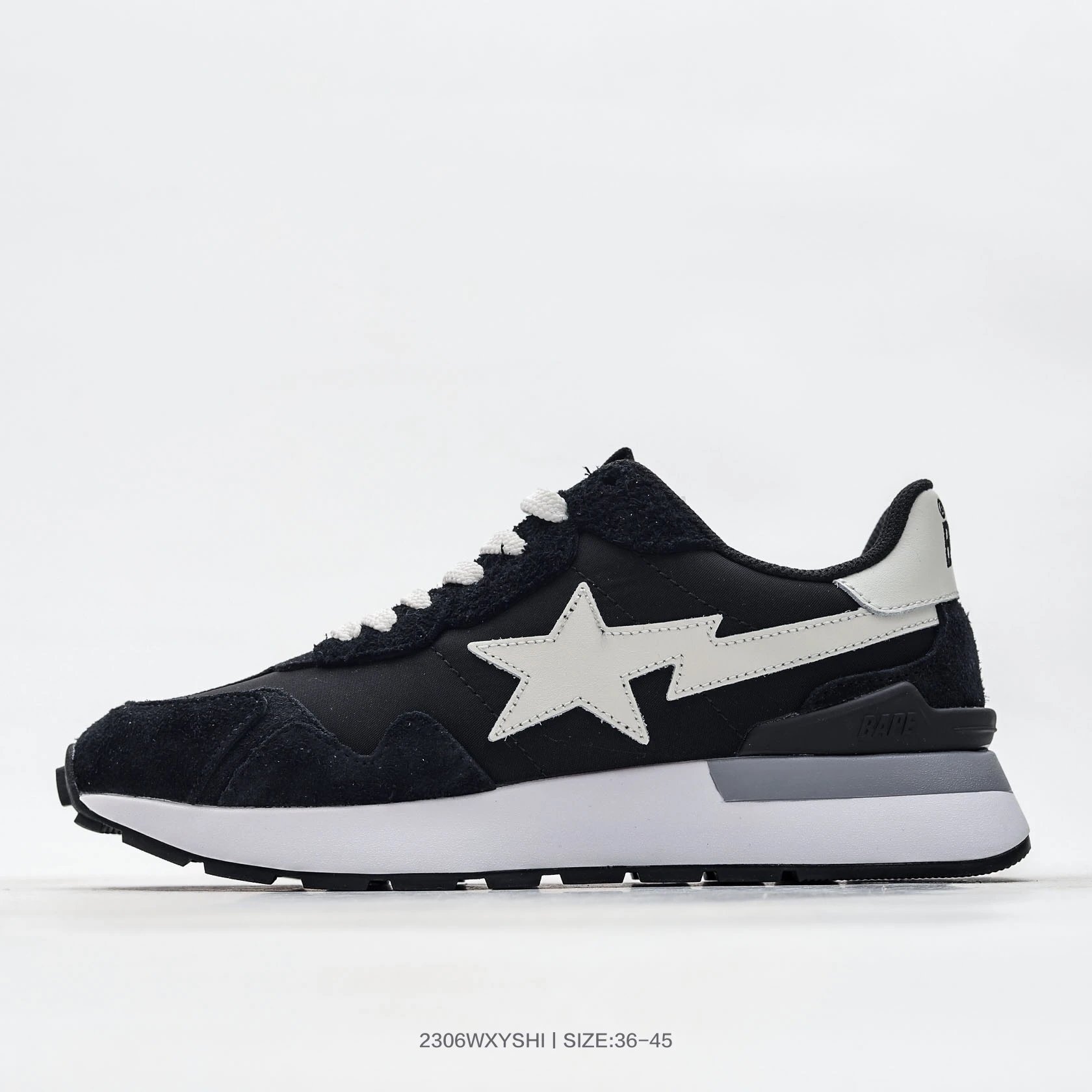 Bape Black White Star Logo Suede Nylon Running Sneakers