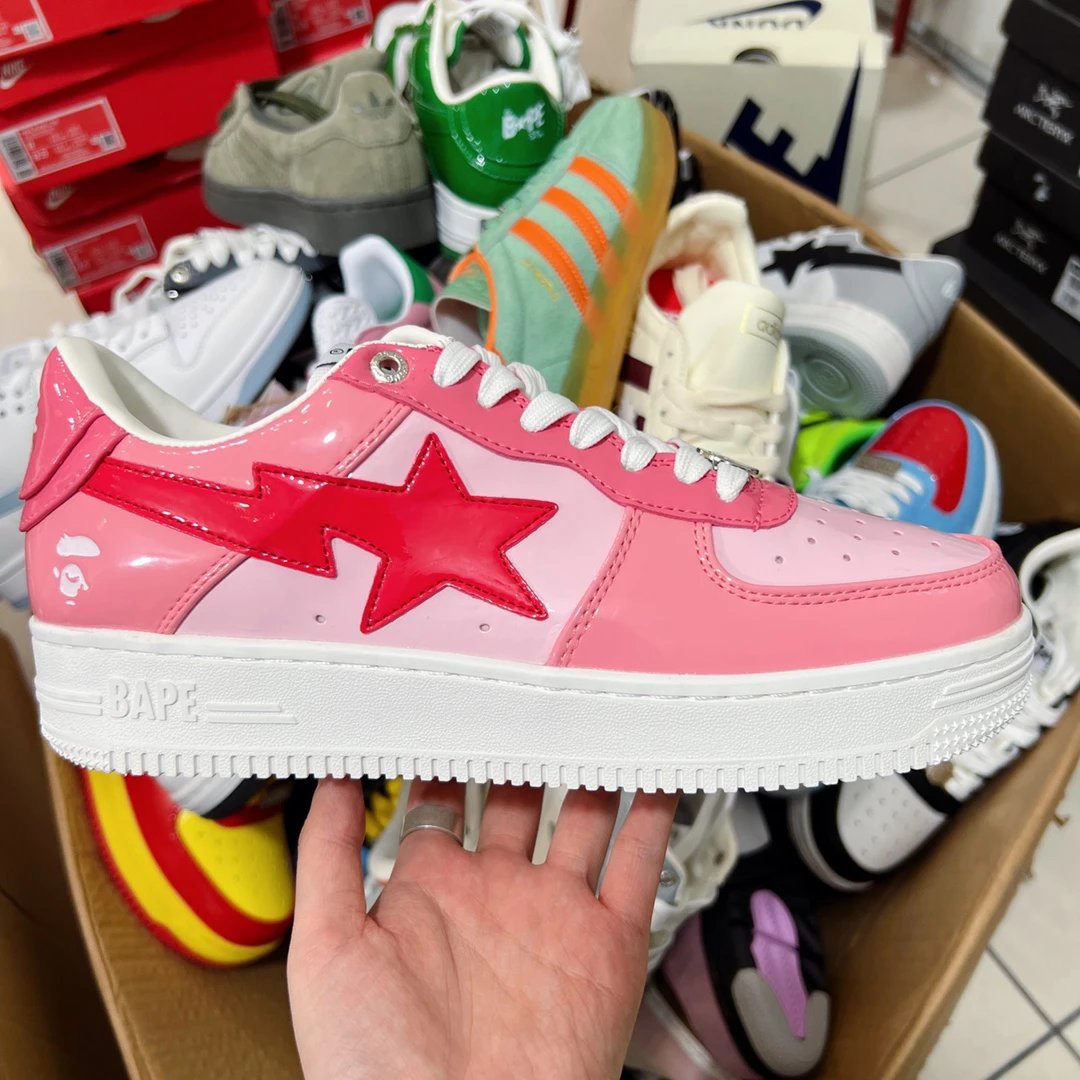 BAPE STA Pink Patent Leather Red Star Sneakers Shoes