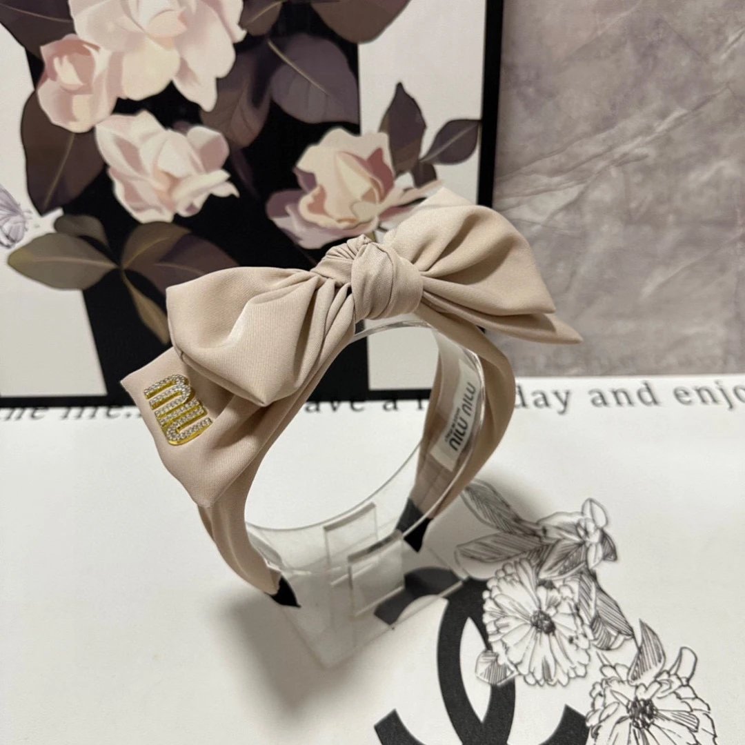 Miu Miu Beige Leather Bow Crystal Logo Headband