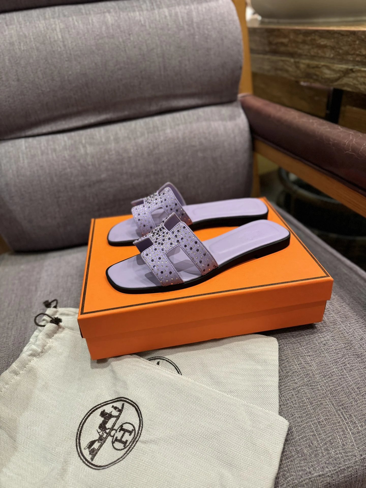 Hermes Oran Lavender Crystal H Flat Sandals