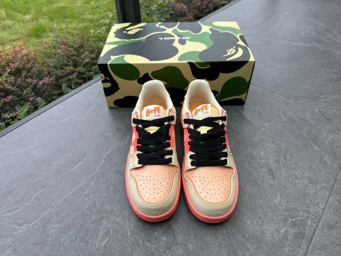 Bape STA Pink Orange Khaki Leather Low Top Sneakers