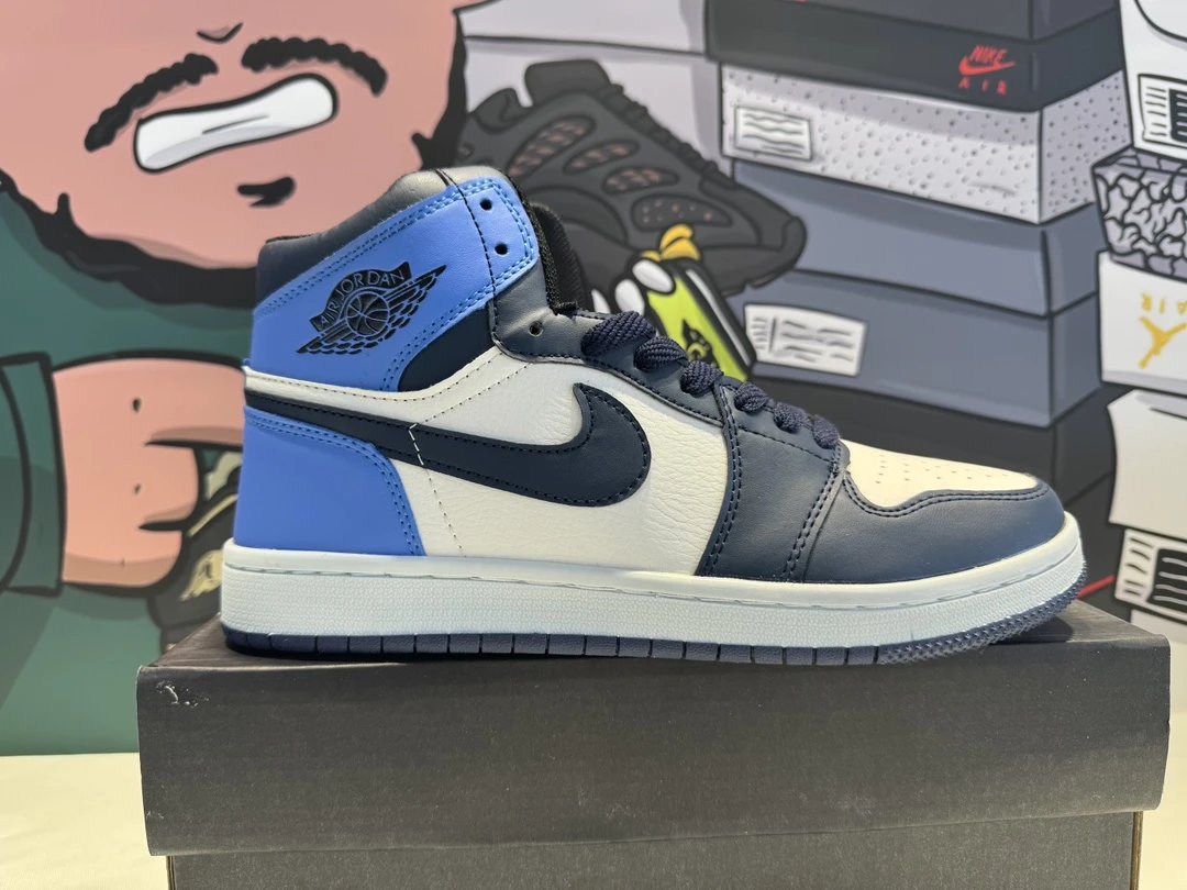Air Jordan 1 Mid Blue Navy Leather Basketball Shoes