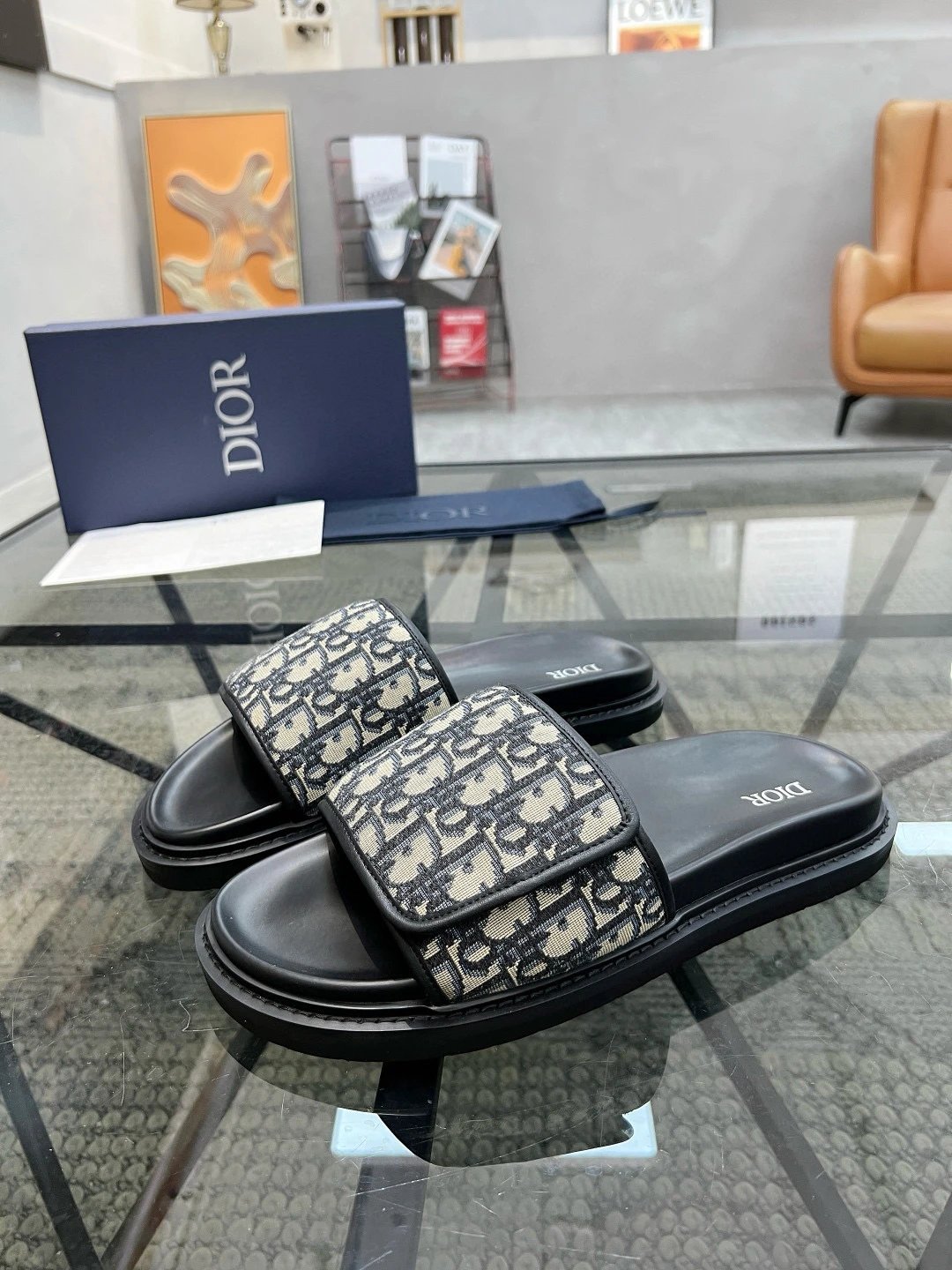 Dior Navy Oblique Canvas Platform Slide Sandals