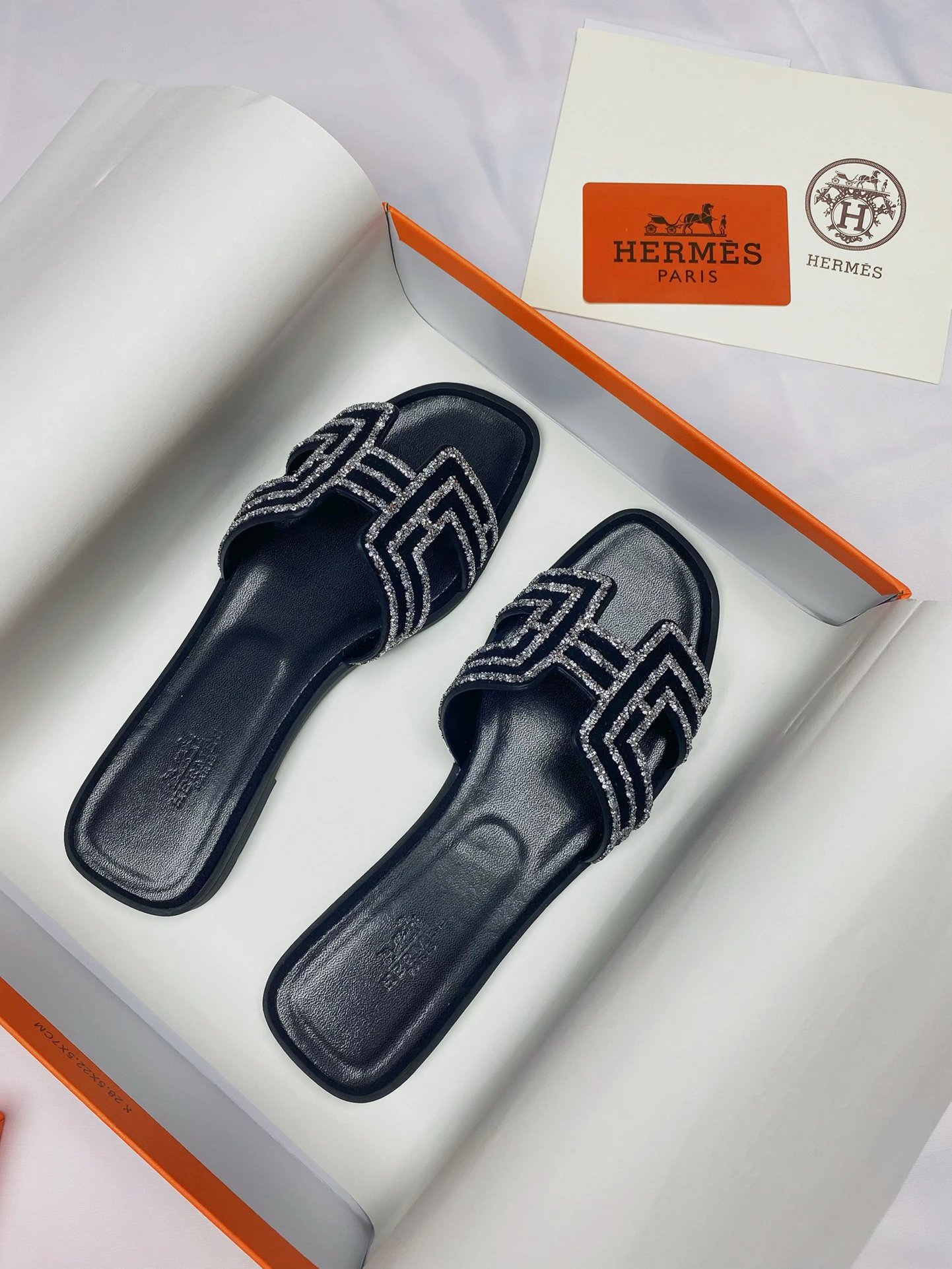 Hermes Navy Rhinestone H Logo Leather Flat Sandals