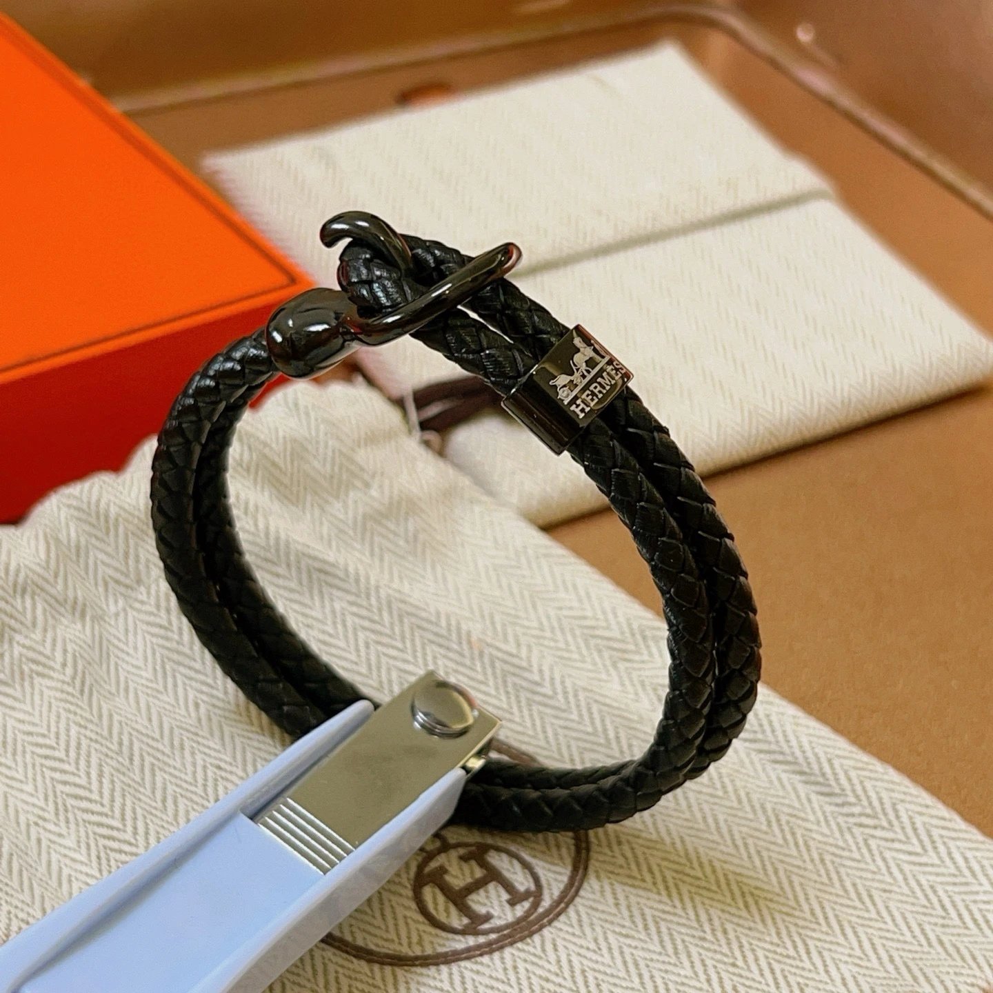 Hermès Lago Orange Calf Leather H Buckle Bracelet