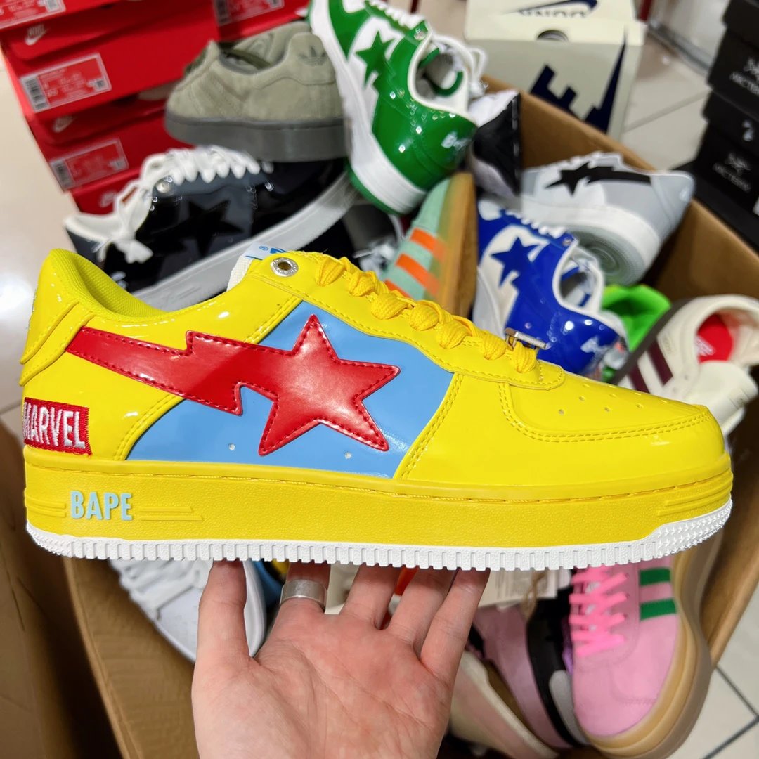 BAPE x Marvel Yellow Patent Sneakers Red Star Blue Panel