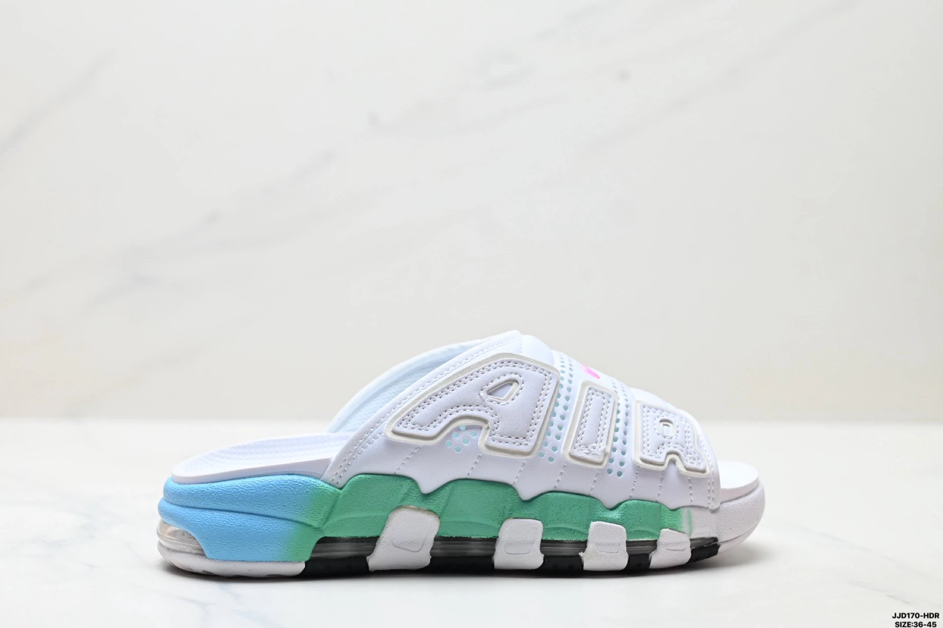 Nike Air More Uptempo White Blue Green Gradient Slides