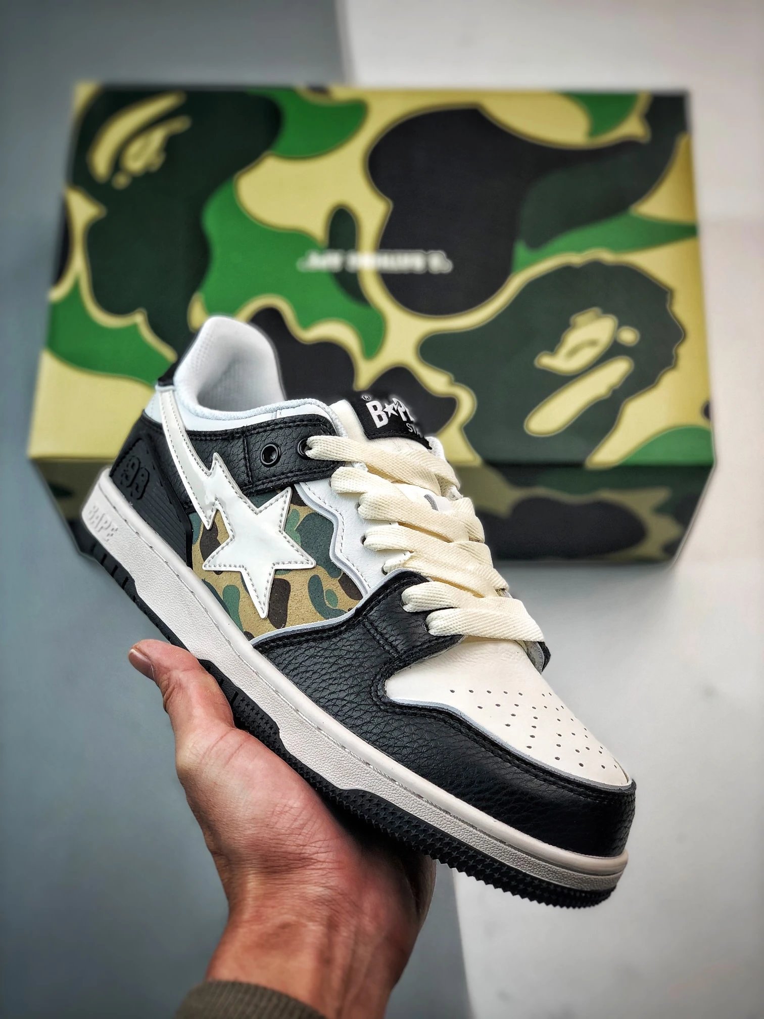 BAPE STA Black White Green Camo Low Top Sneakers