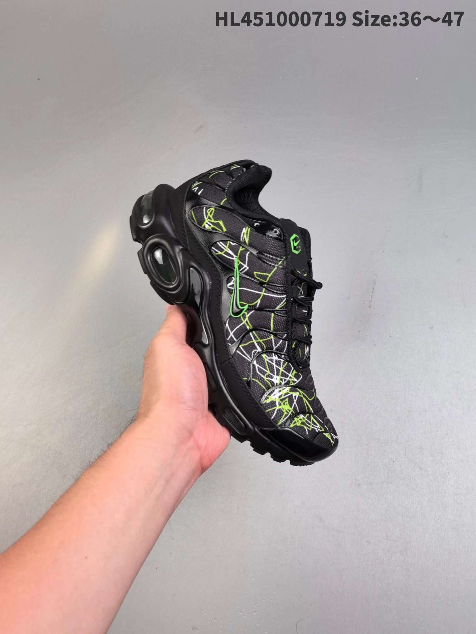 Nike Air Max Plus Black Green Graffiti Mesh Sneakers