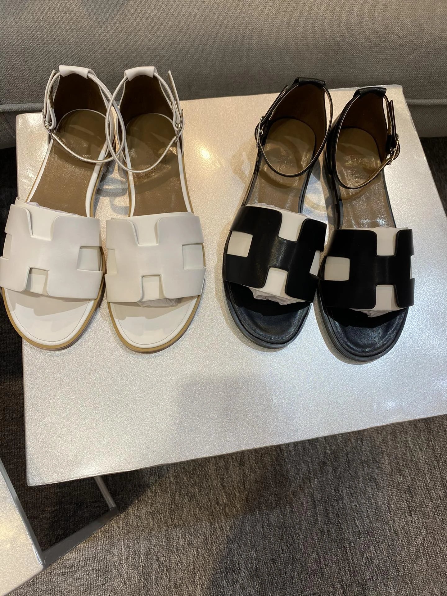 Hermes H Buckle White Leather Flat Sandals Women