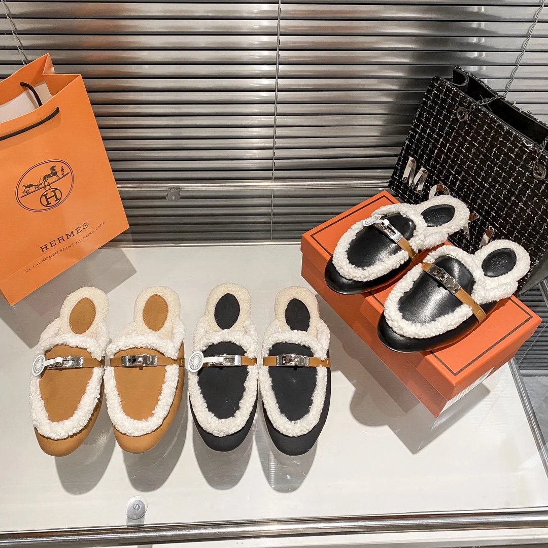 Hermes Shearling Mule Slippers Black White H Buckle