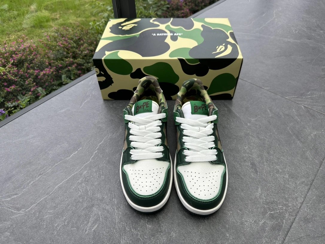 Bape STA Low Green Camo Leather Star Skate Sneakers
