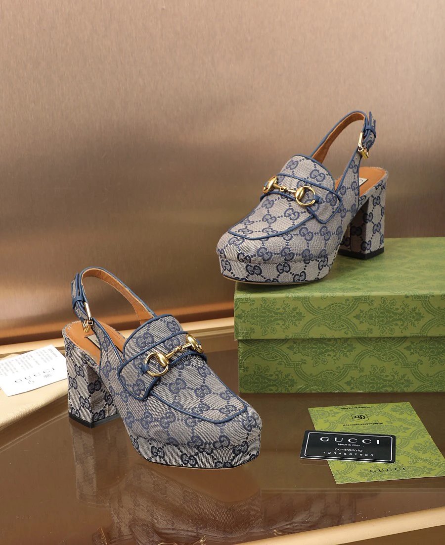 Gucci GG Jacquard Horsebit Platform Slingback Heels