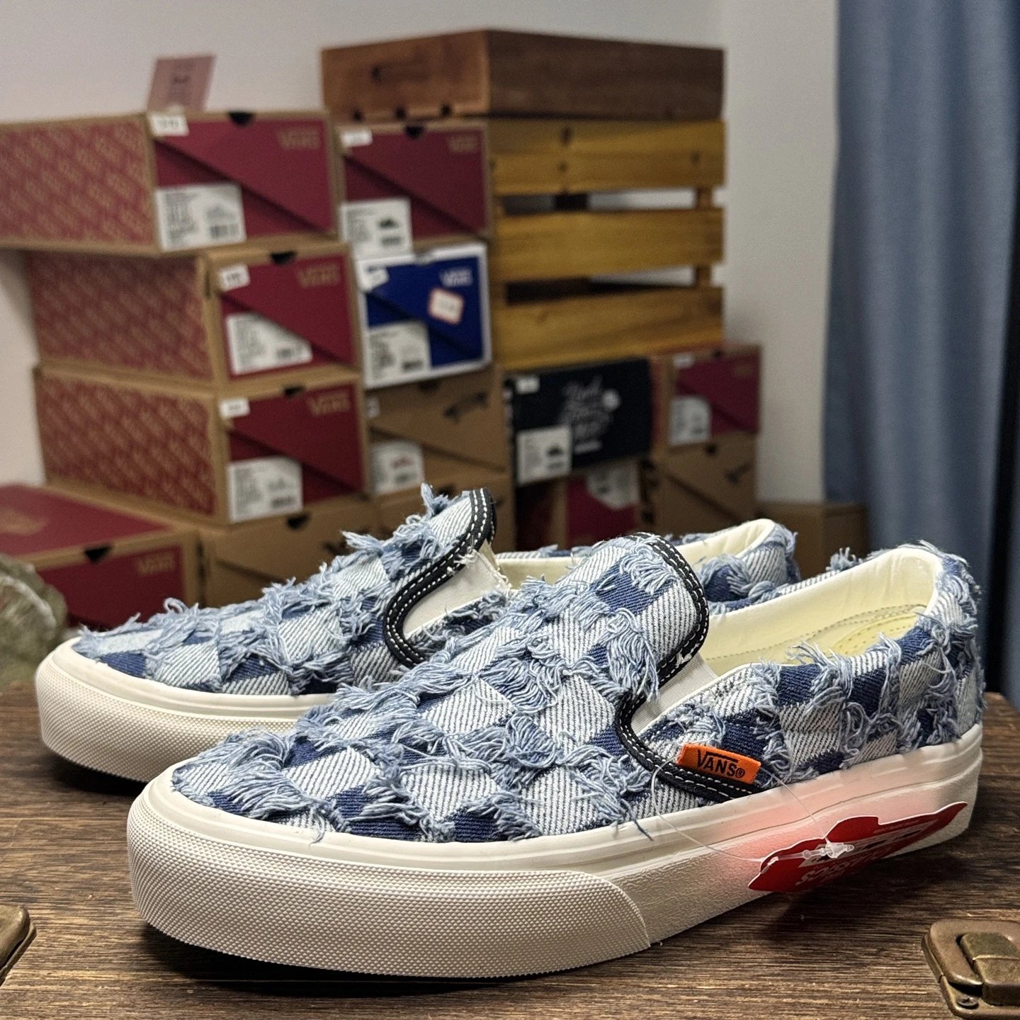 Vans Checkerboard Denim Frayed Slip-On Skate Shoes