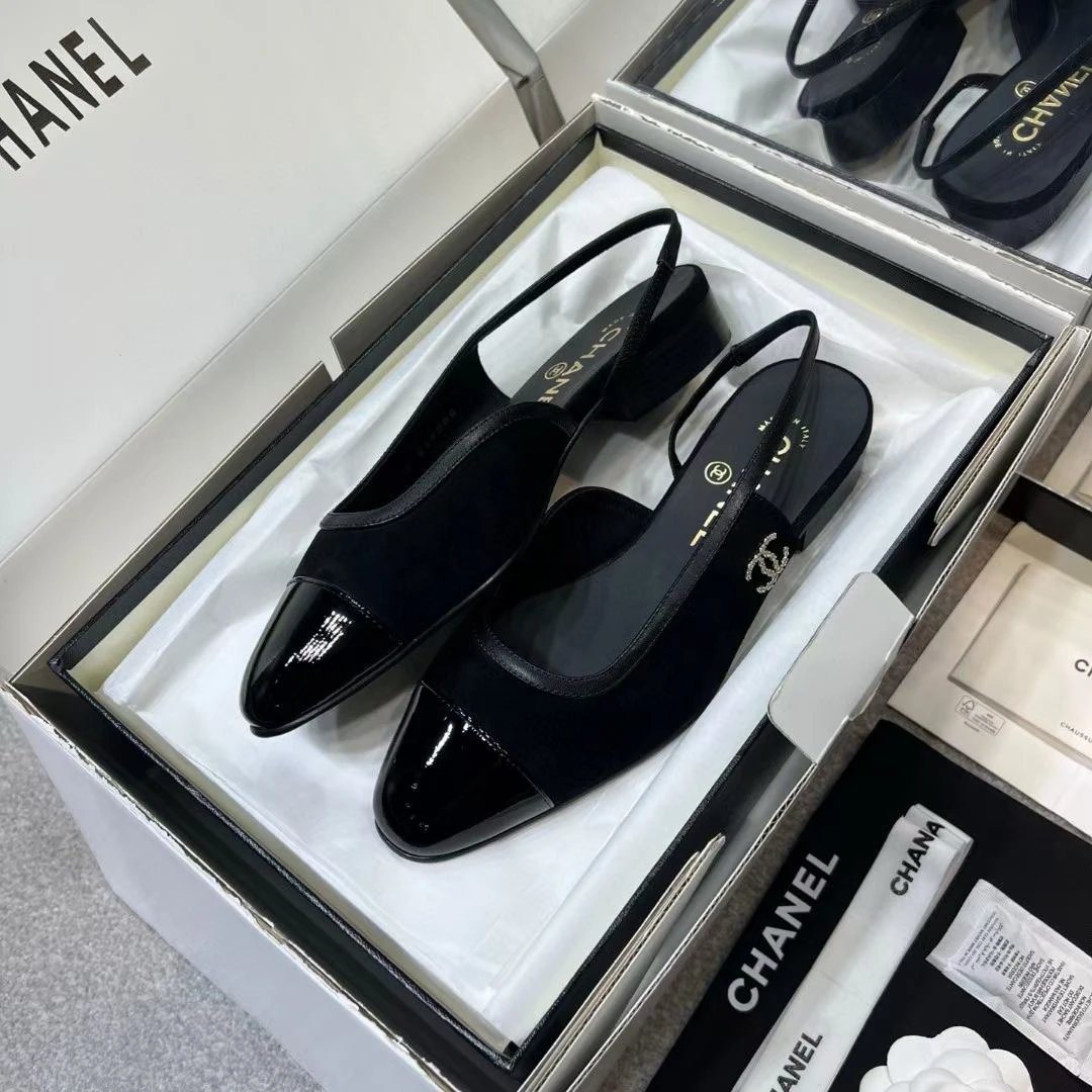 Chanel Black Peep Toe Slingback Heels Gold Logo Sandals