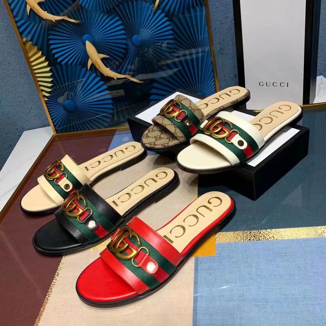 Gucci Black Leather Slide Sandals Web Stripe Double G
