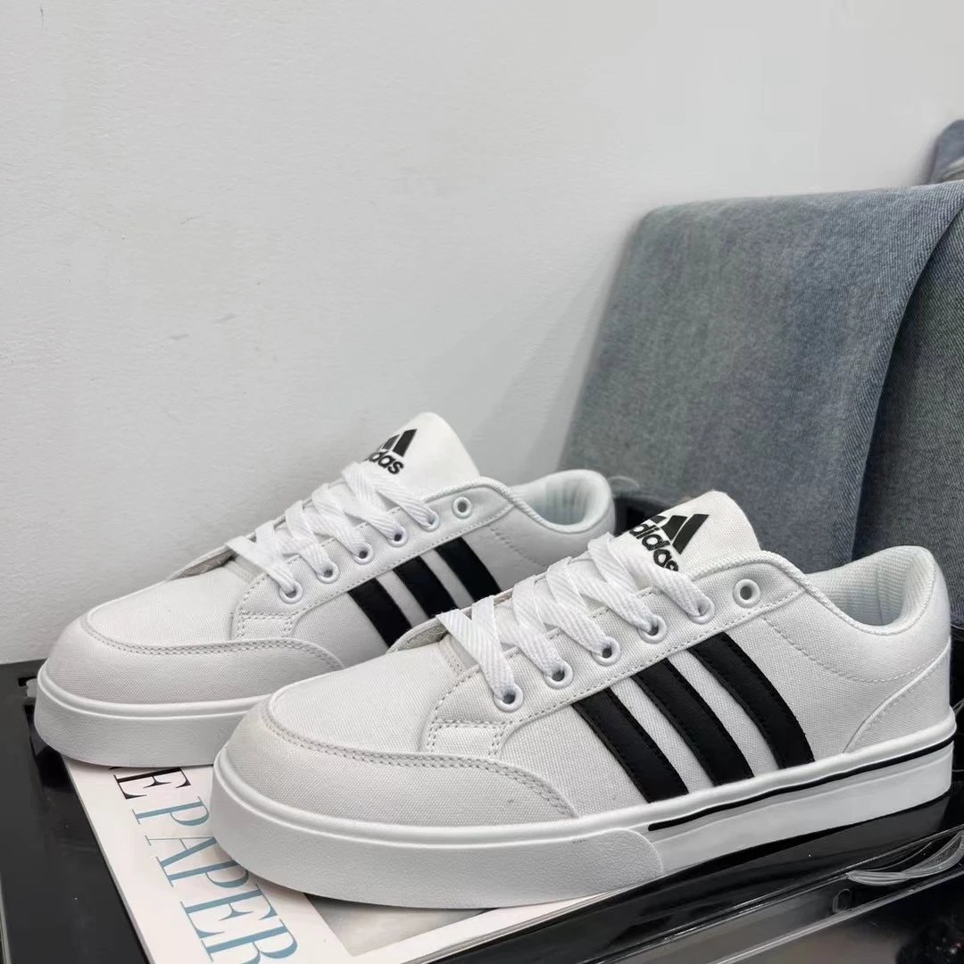 Adidas White Black 3-Stripes Low-Top Canvas Sneakers