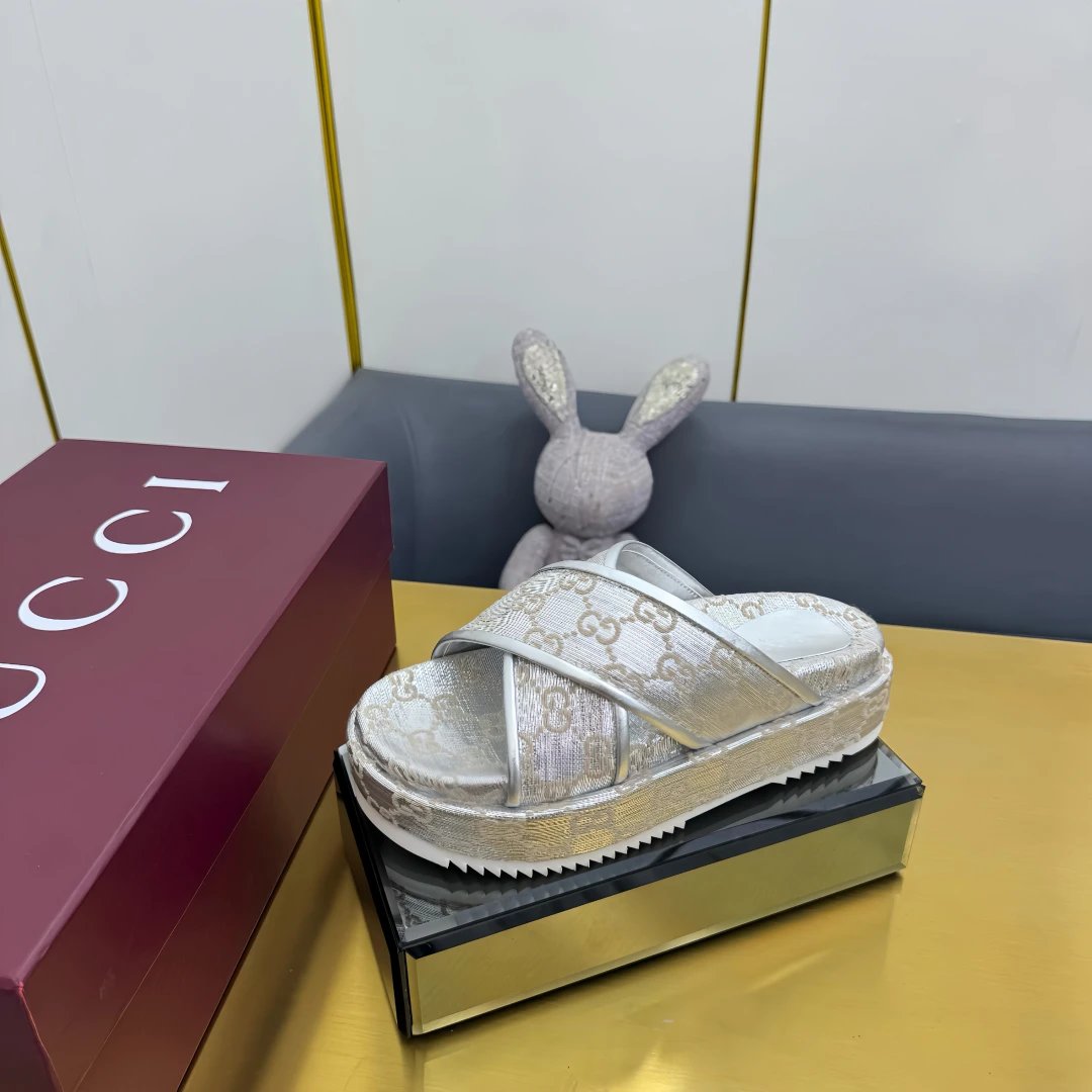Gucci Beige GG Platform Espadrille Wedge Slide Sandals
