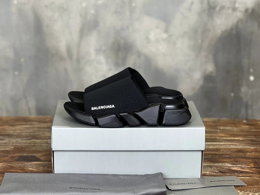 Balenciaga Black Knit Wide Strap Cushioned Slide Sandals