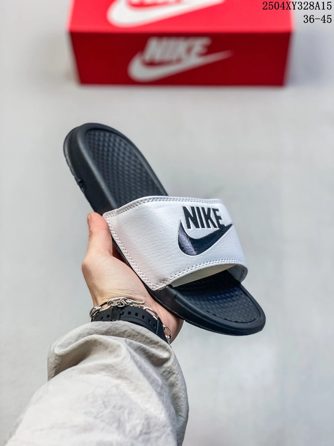 Nike Benassi Black White Leather Massage Slides