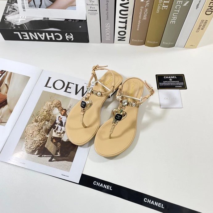 Chanel Gold Pearl CC Lace-Up Thong Sandals