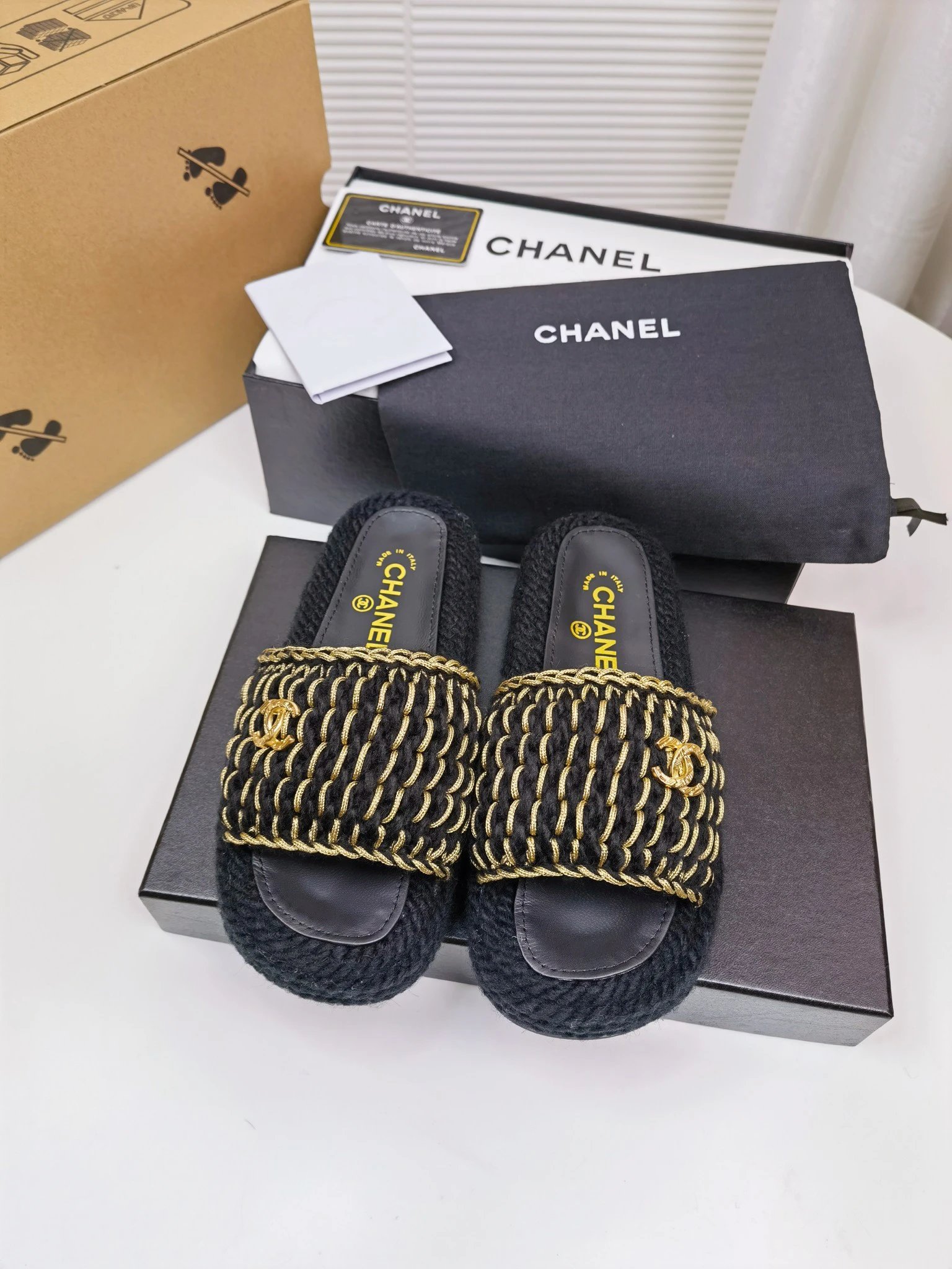 Chanel Black Gold Woven Espadrille Slide Sandals Women