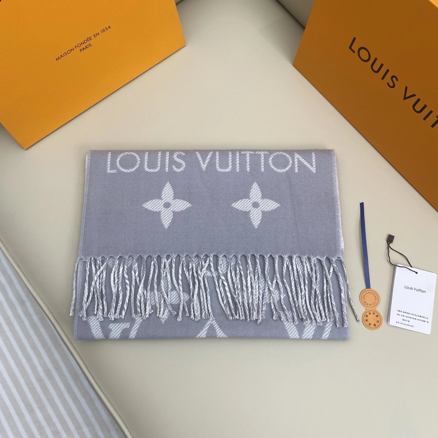 Louis Vuitton Monogram Gray Fringe Scarf