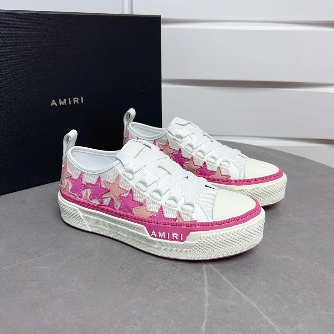 AMIRI White Pink Star Low-Top Velcro Platform Sneakers