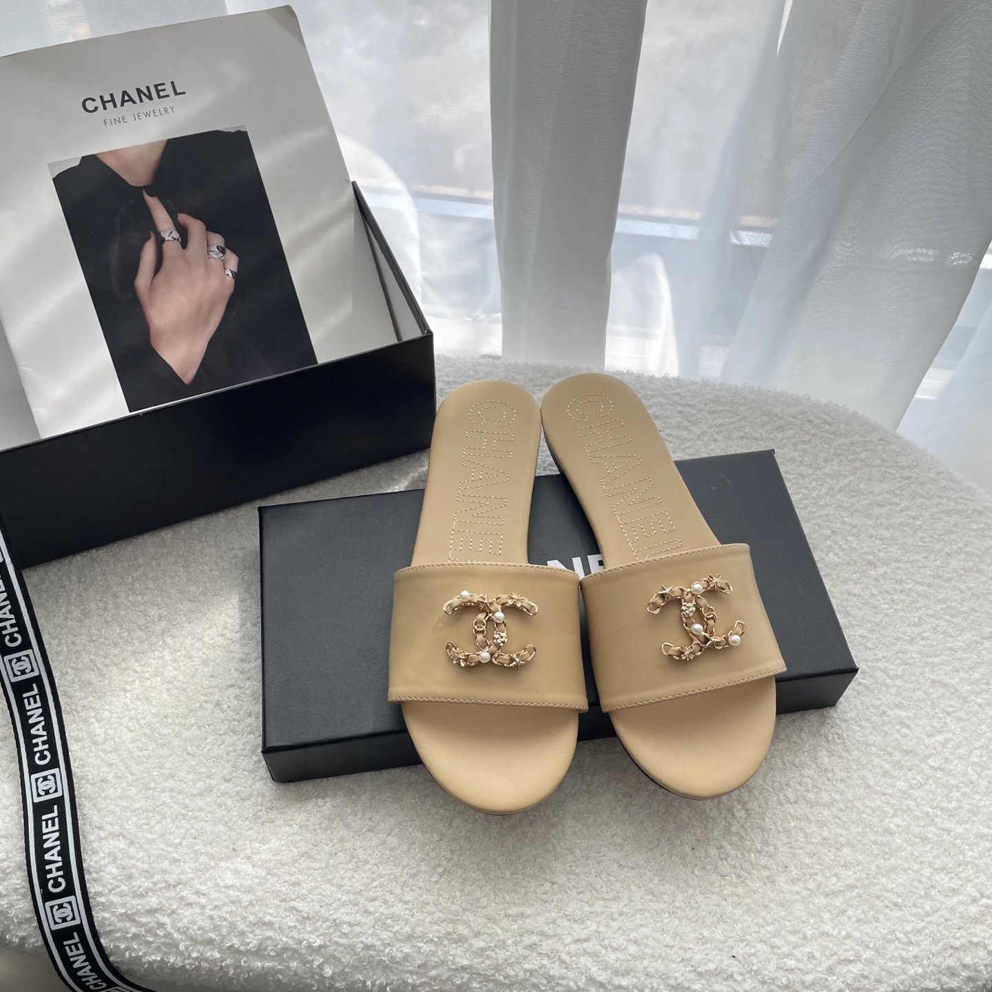 Chanel Beige Lambskin Pearl CC Slide Sandals
