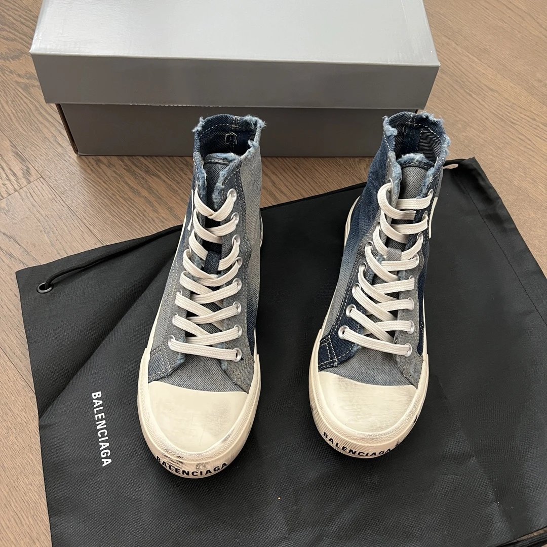 Balenciaga Dark Blue Distressed Canvas High Top Sneakers