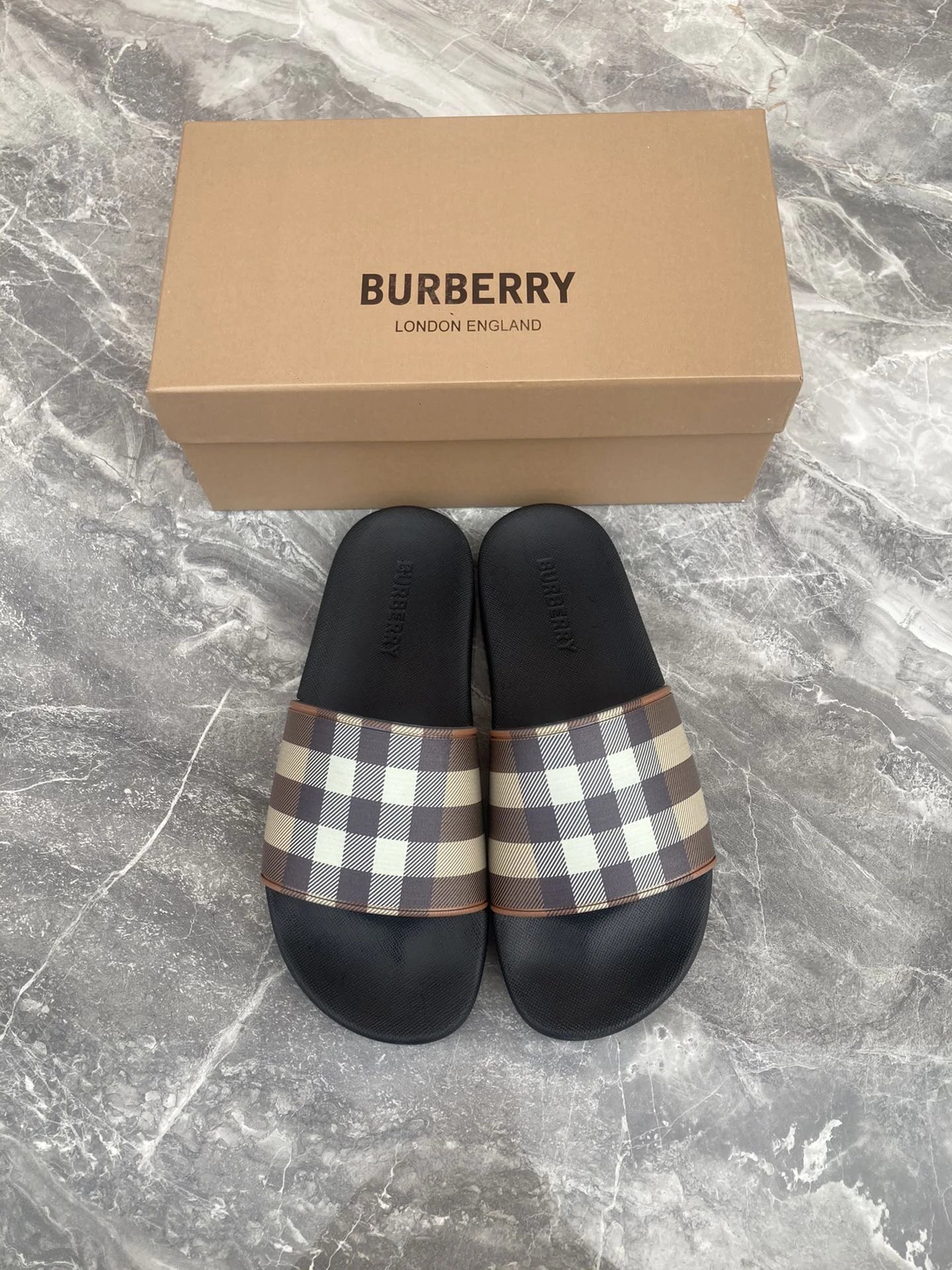 Burberry Check Black Rubber Slide Sandals Unisex Shoes