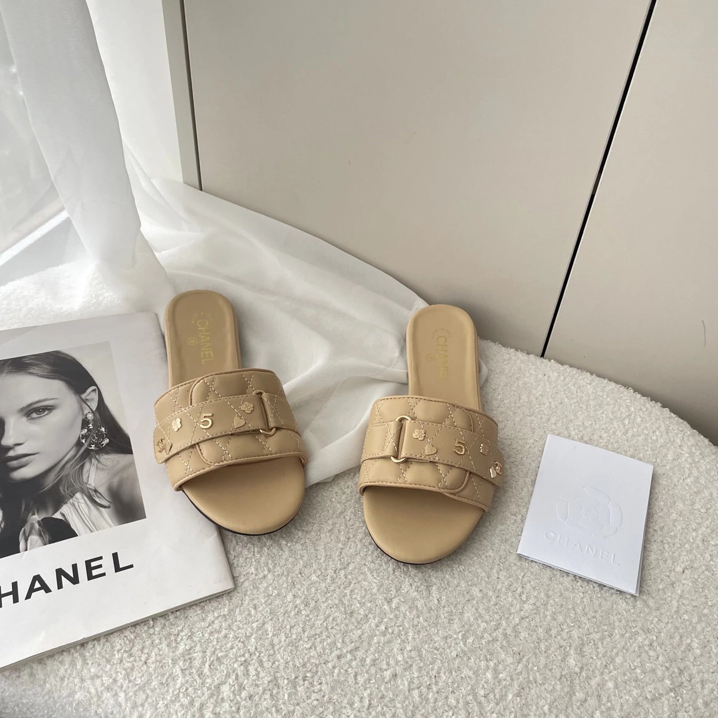 Chanel Champagne Gold Quilted Double-Buckle Slide Sandals