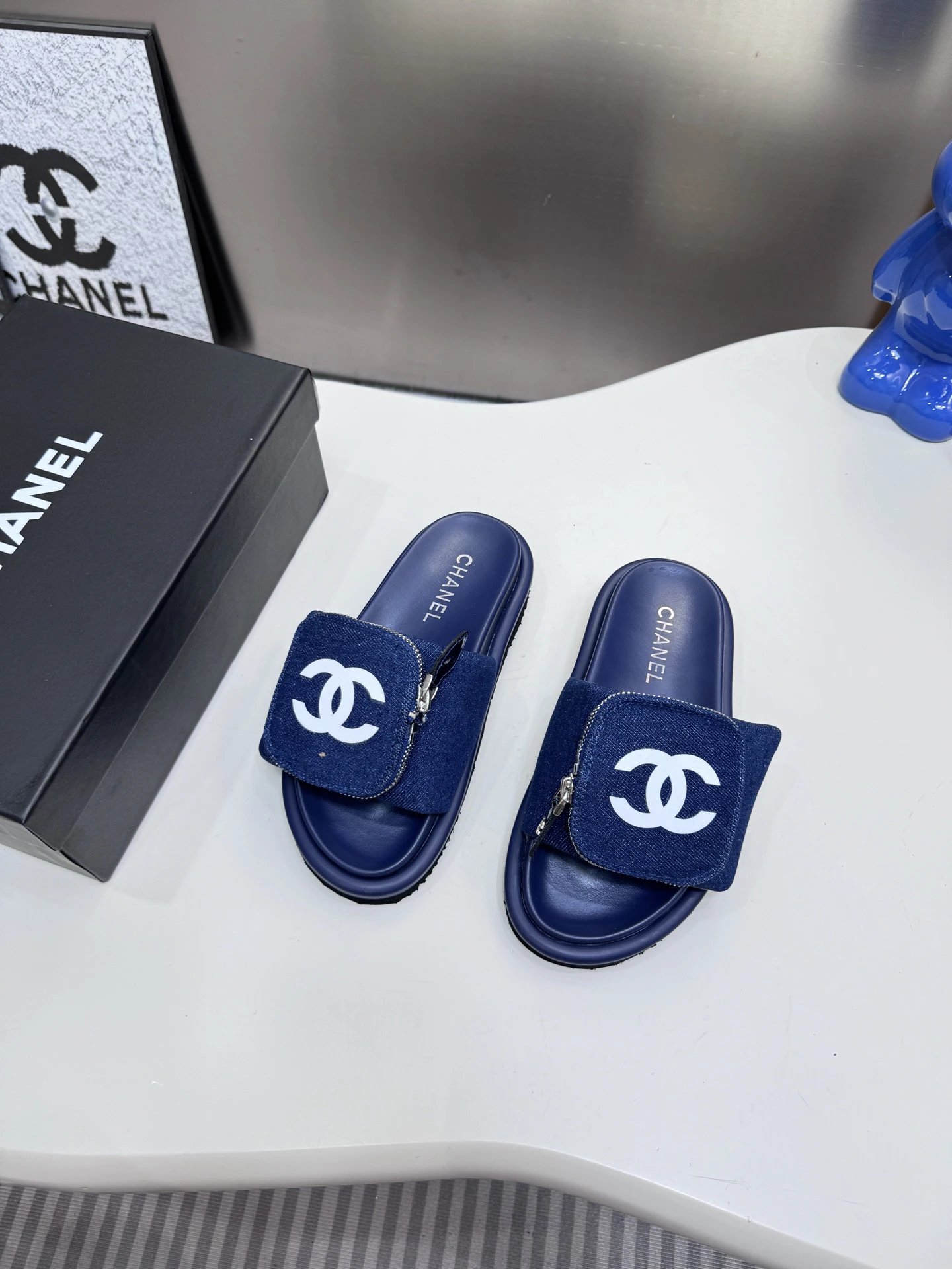 Chanel Deep Blue Denim CC Platform Slide Sandals