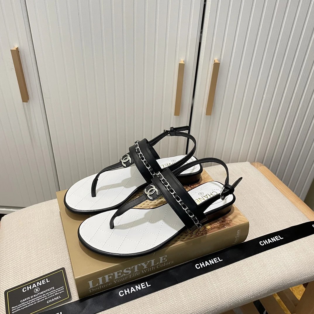 Chanel Black White Chain Thong Sandals Women Shoes
