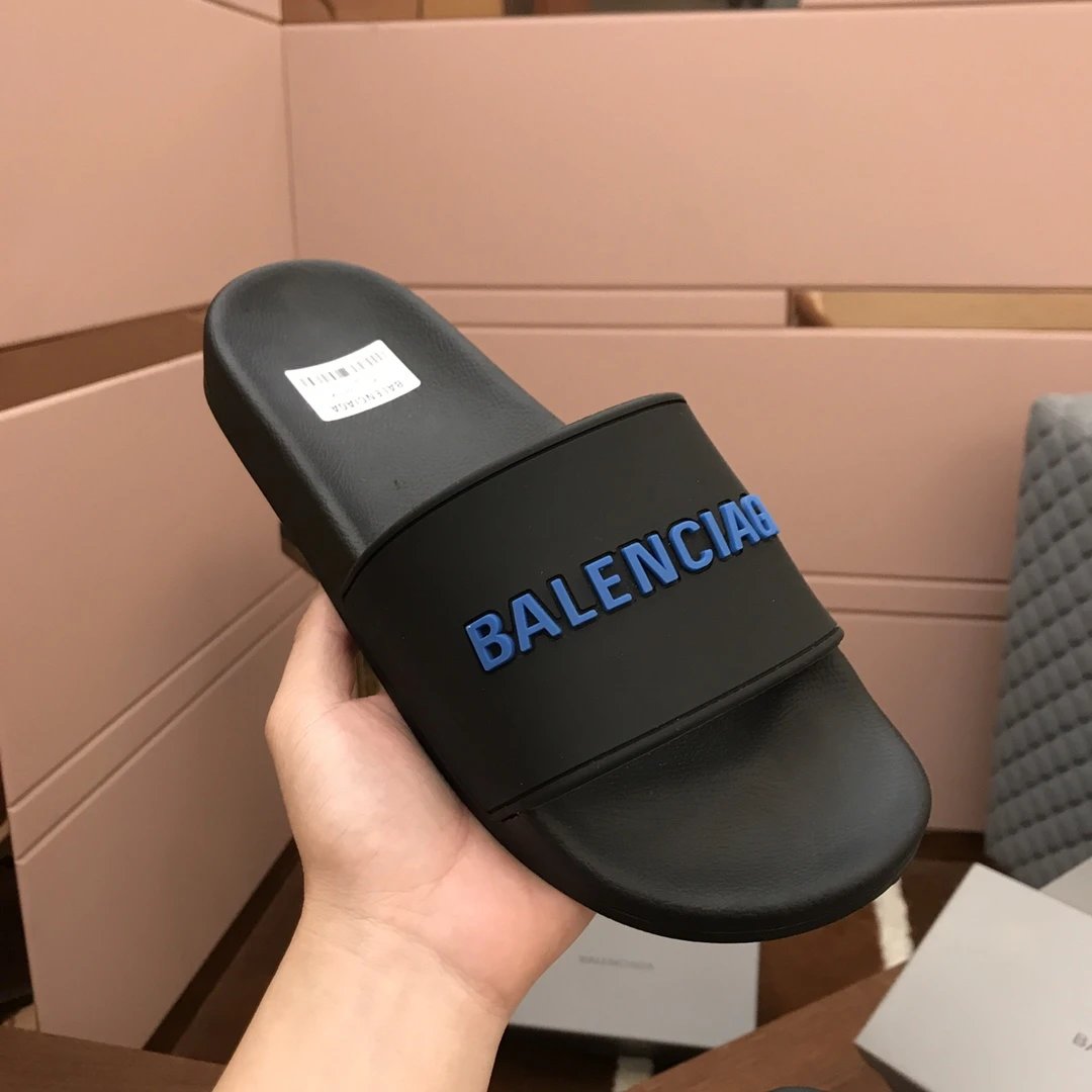 Balenciaga Black Blue Logo Slide Sandals Cushioned Anti-Slip