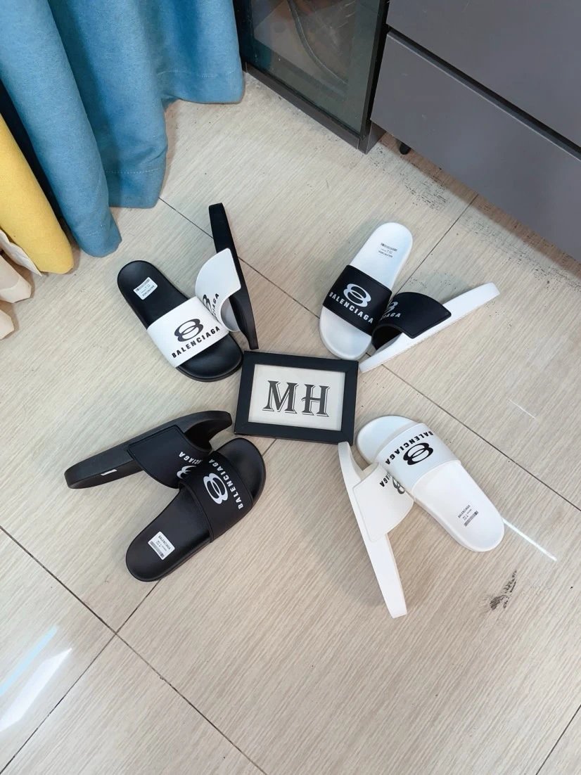 Balenciaga Black White Logo Slide Sandals Unisex Summer Shoes