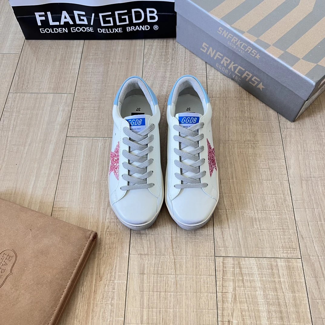 Golden Goose White Leather Sneakers Pink Glitter Star