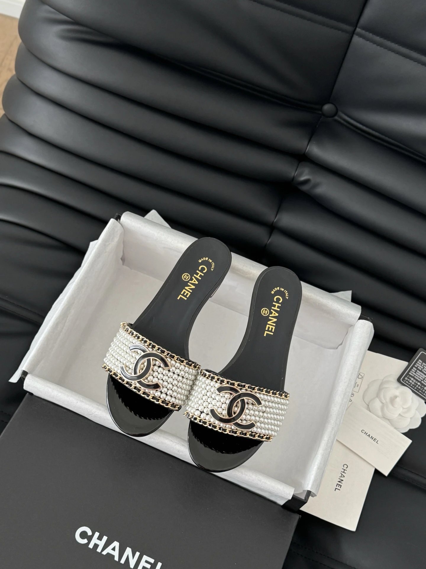 Chanel Black Pearl Chain CC Logo Flat Slide Sandals