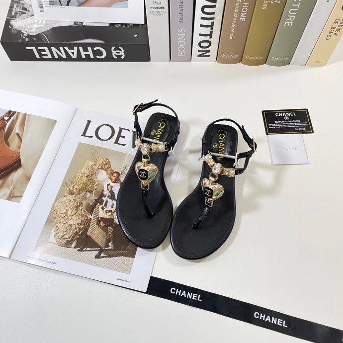Chanel Black Pearl Charm Lace-Up Thong Sandals