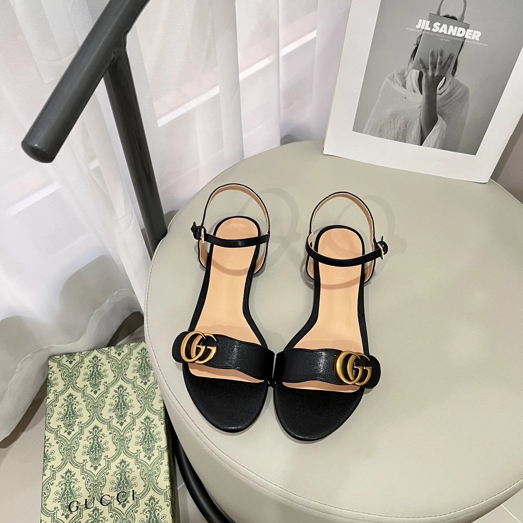 Gucci GG Buckle Black Slim Strap Sandals Shoes