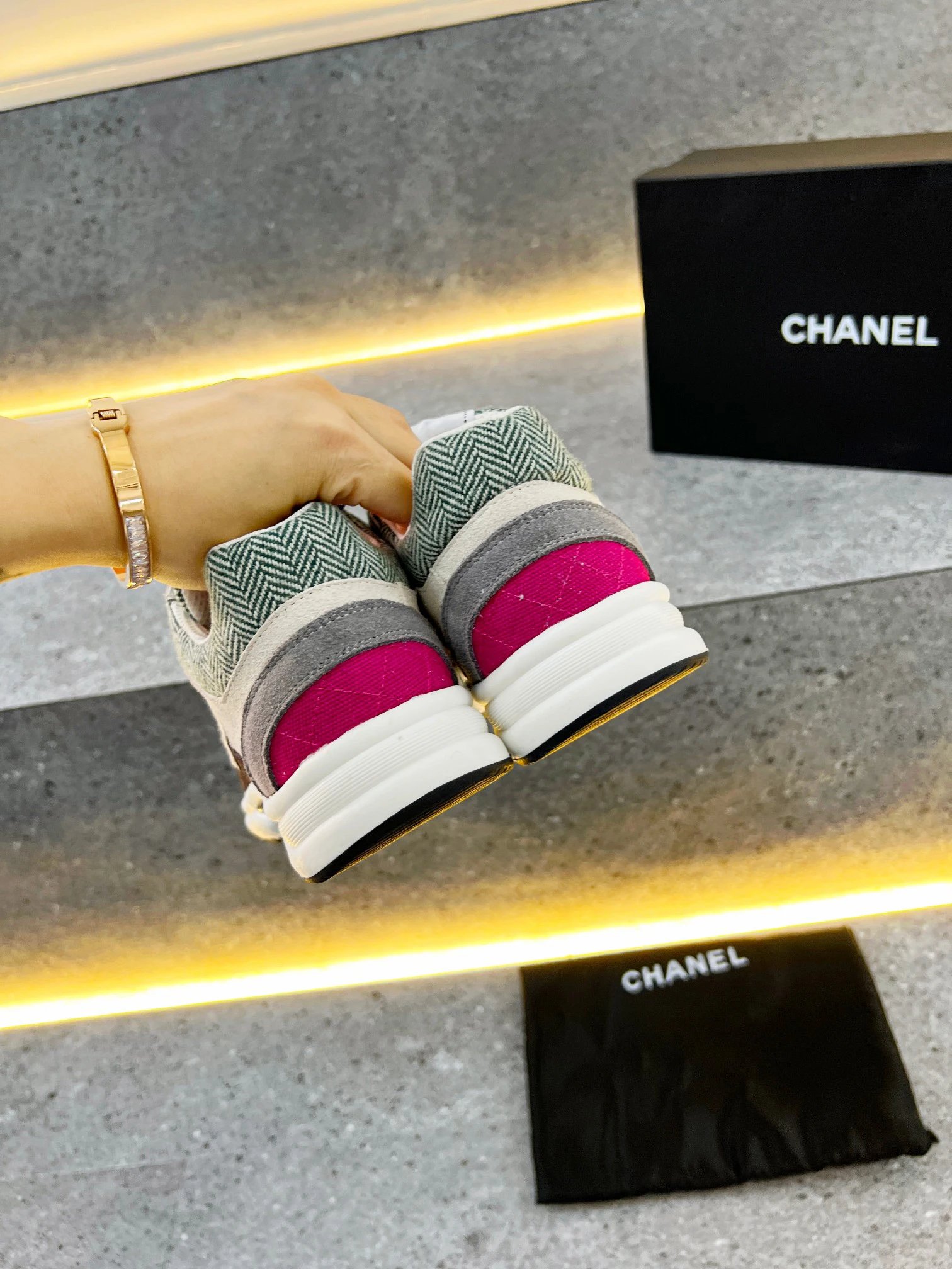 Chanel Vintage Colorblock Platform Sneakers Women Green Brown