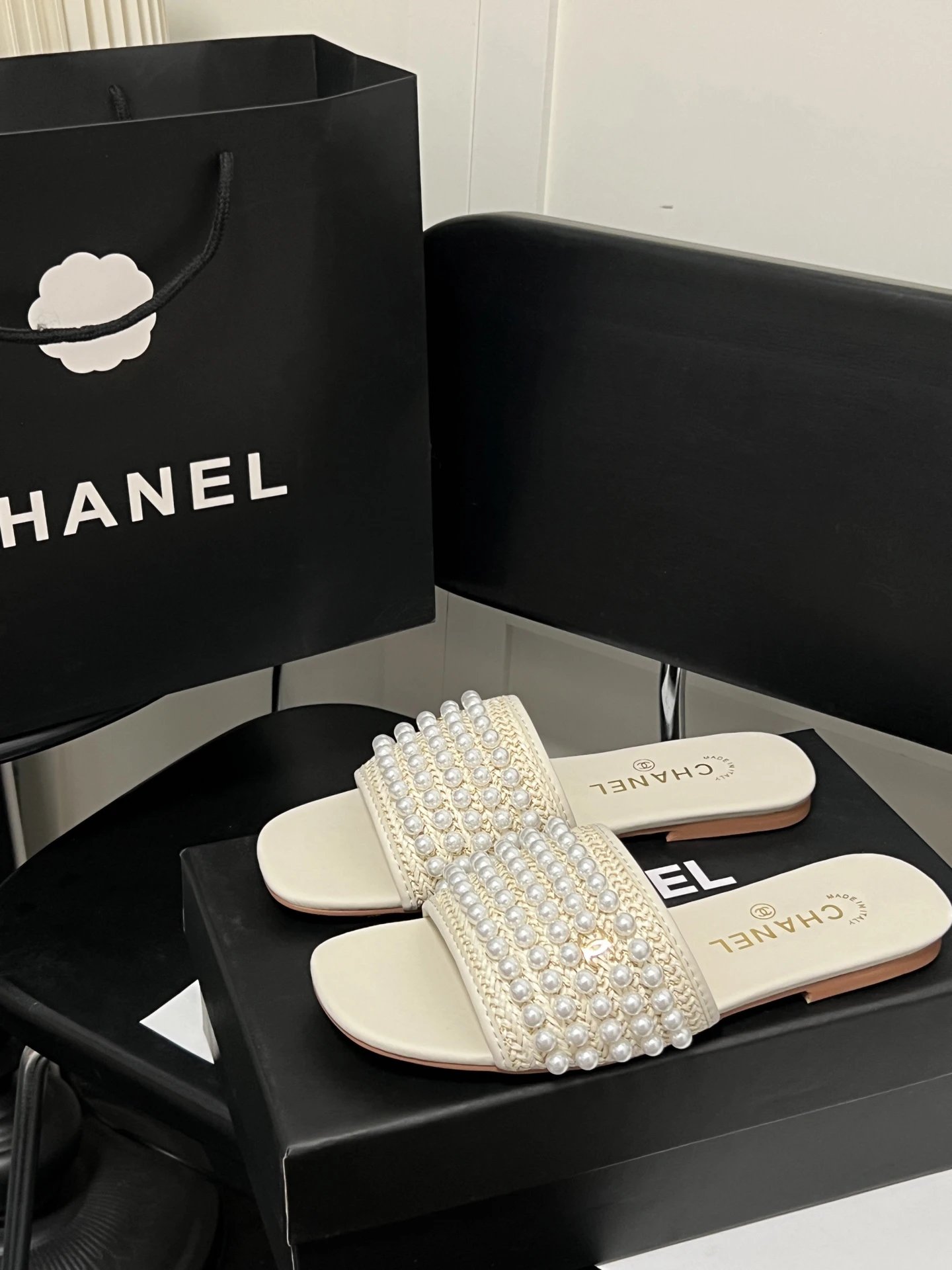 Chanel Pearl White Rhinestone Woven Flat Slide Sandals