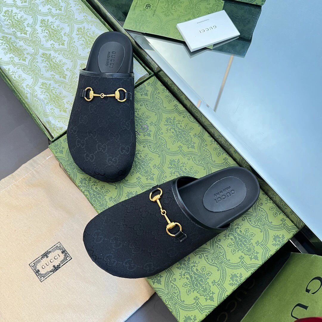 Gucci GG Canvas Horsebit Black Slide Sandals Unisex