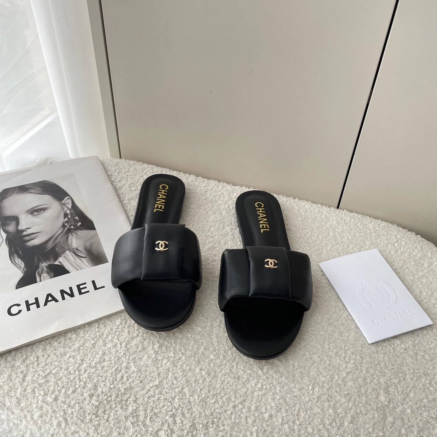 Chanel Black Leather Logo Slide Sandals for Women