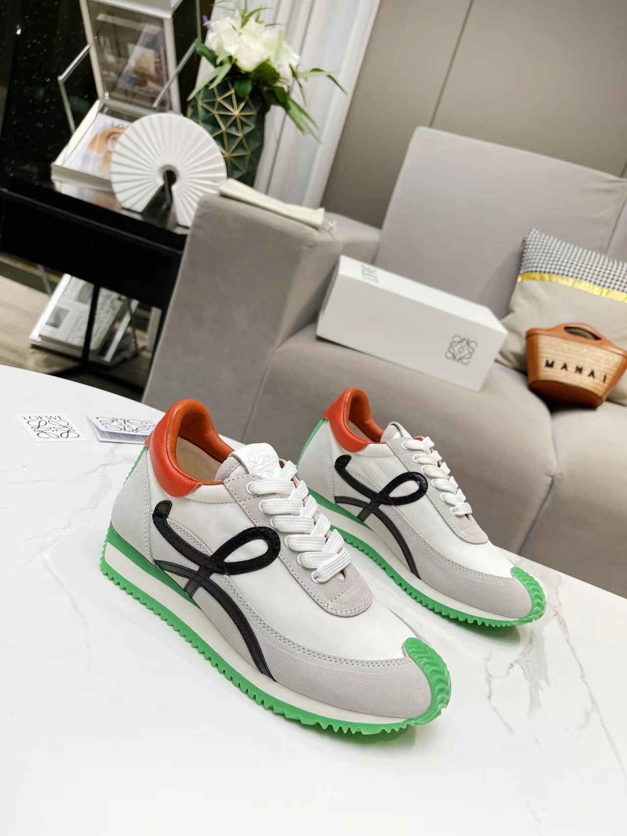 Loewe Flow Runner White Green Orange Leather Suede Sneakers